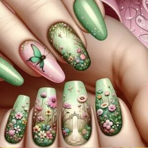 Green and Pink Press-On Nails with Botanical Art